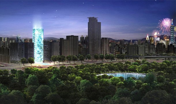 台北市大安森林公園邊打造世界第一座玻璃瀑布建築迎接新的一年